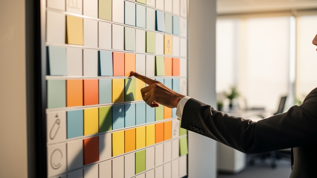 Employée pointant des horaires sur un planning mural d'entreprise