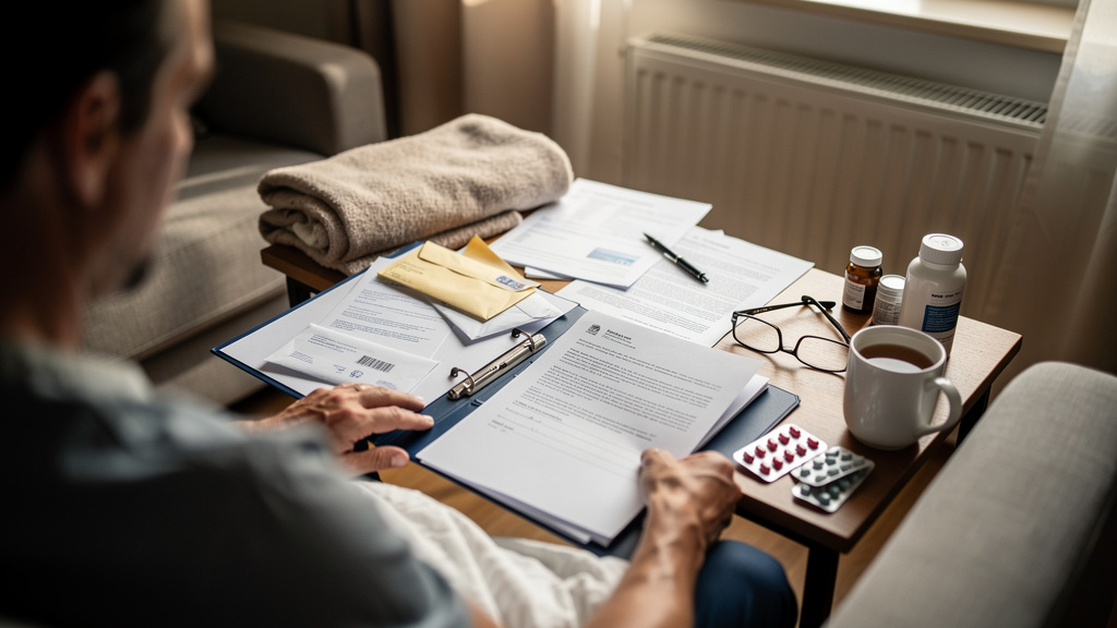 Homme en convalescence consultant des papiers administratifs à domicile