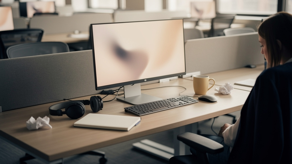 Salarié stressé et isolé à son poste de travail en open space