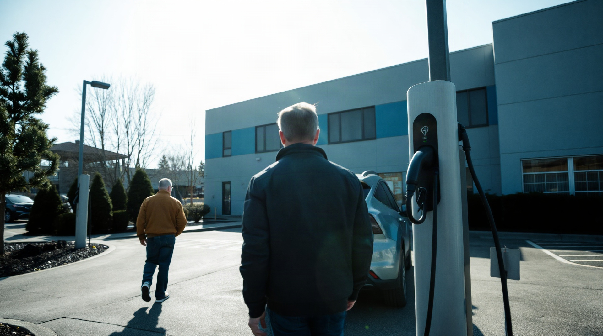 Rangée de bornes de recharge pour véhicules électriques dans un parking de bureaux