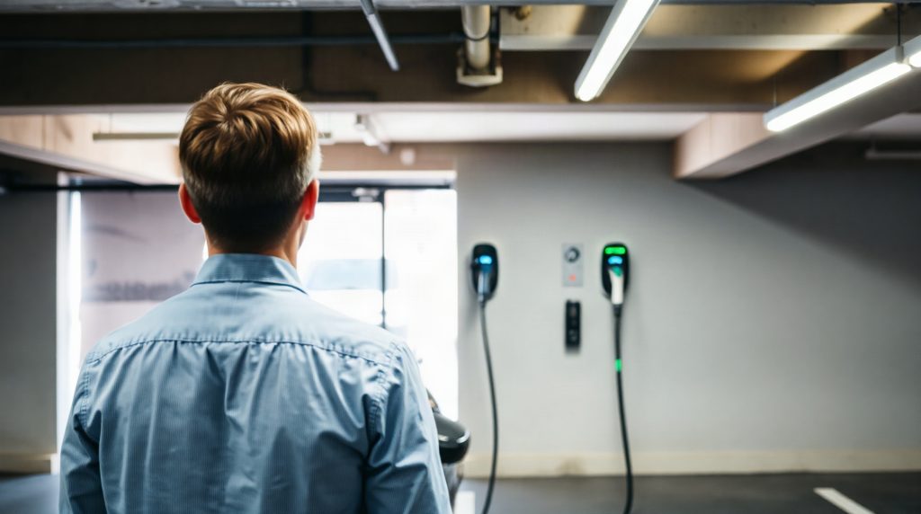 Salarié branchant sa voiture électrique sur une borne de recharge dans le parking de son entreprise