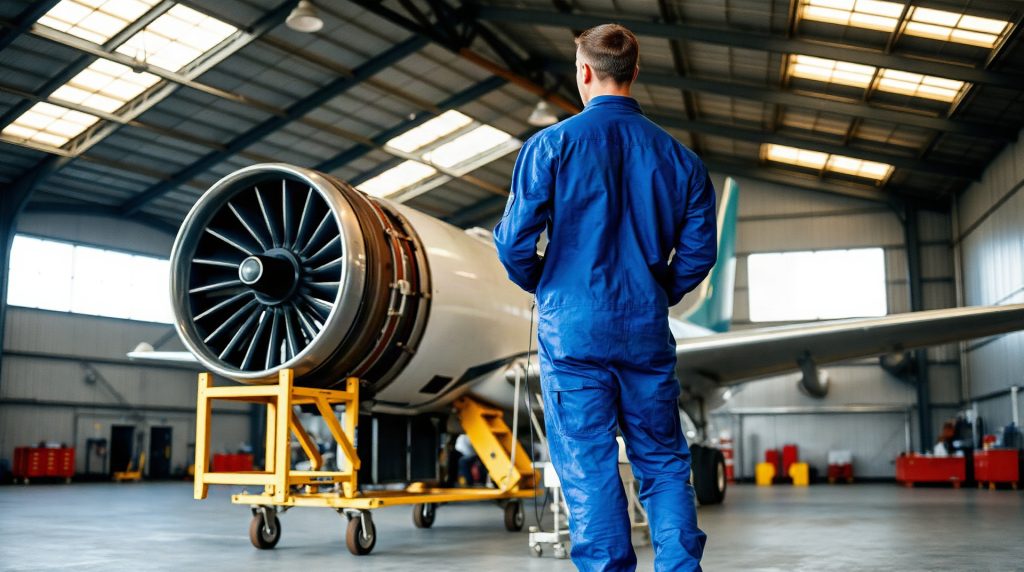 Technicien aéronautique travaillant sur un moteur d'avion dans un grand hangar industriel