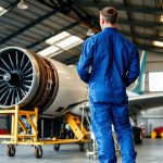 Technicien aéronautique travaillant sur un moteur d'avion dans un grand hangar industriel