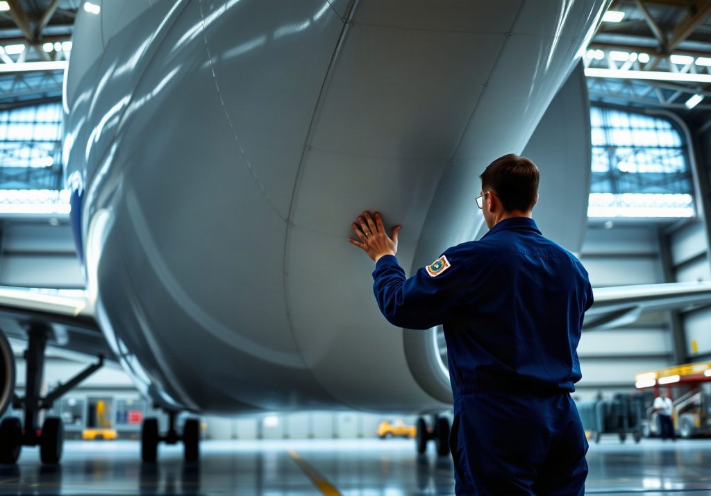 Technicien Airbus inspectant un fuselage dans un hangar aéronautique