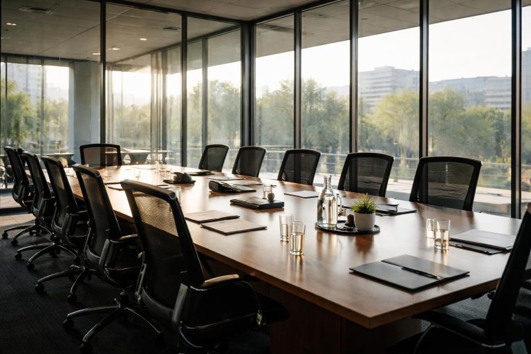 Deux dirigeants en costume signant un contrat dans une salle de réunion vitrée