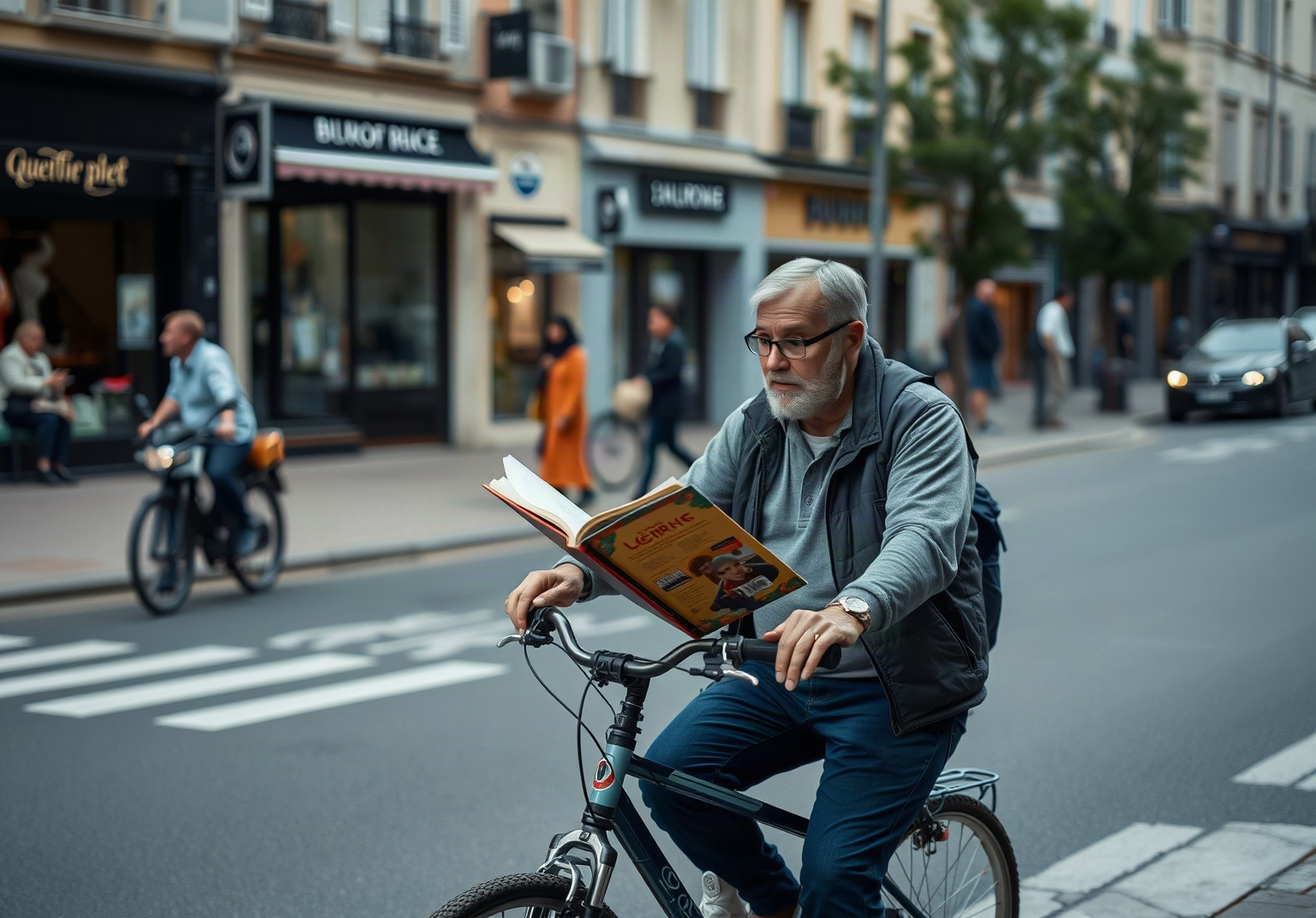 Livreur à vélo dans une rue urbaine française