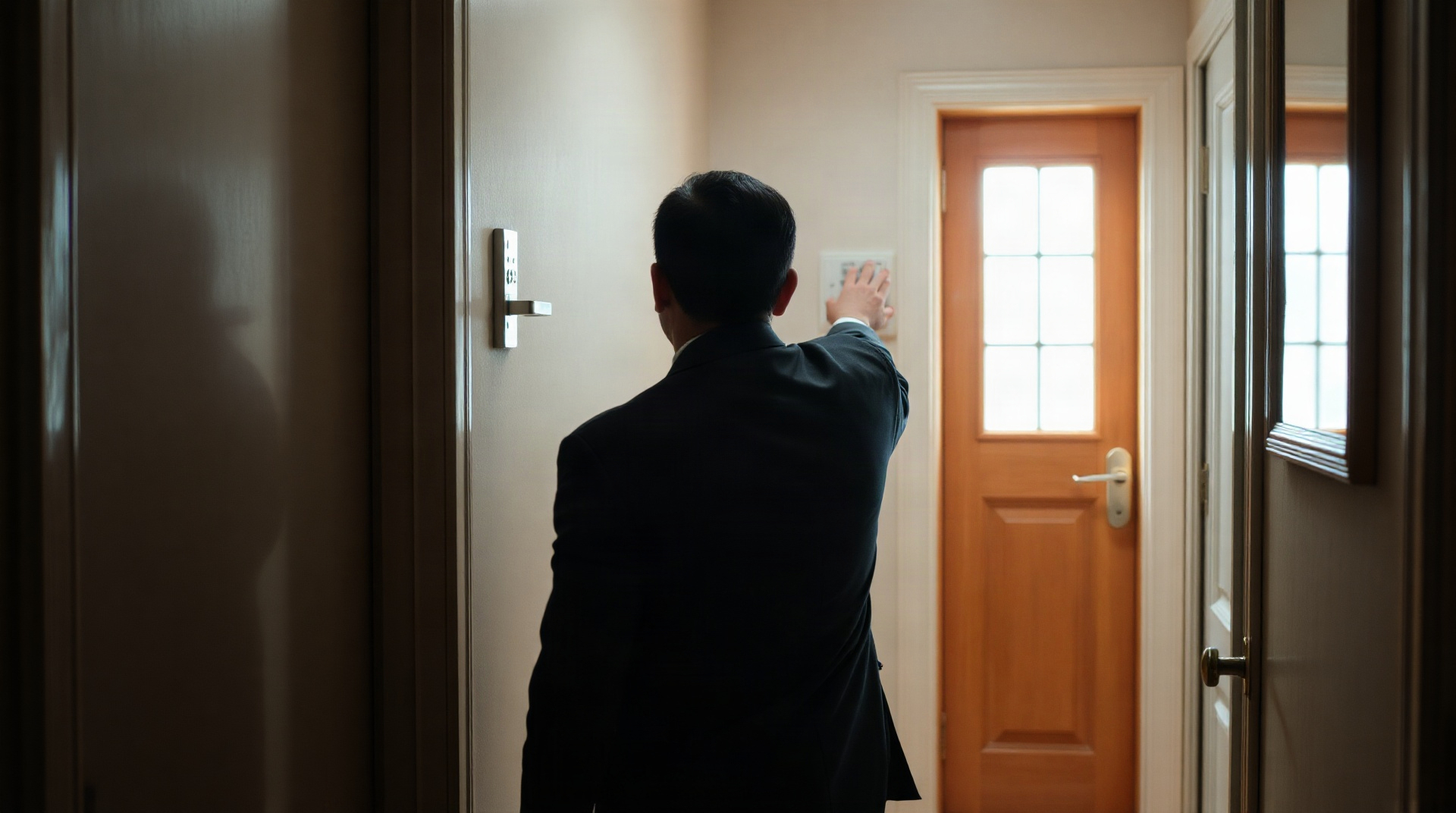 Médecin contrôleur devant une porte d'entrée d'appartement