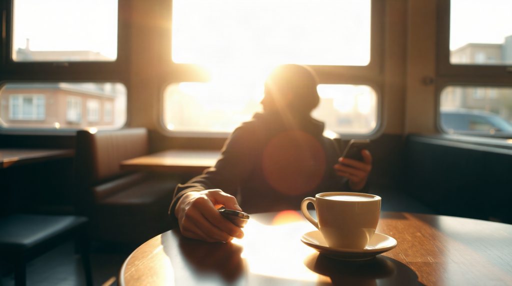 Personne consultant des offres d'emploi en intérim sur son smartphone dans un café