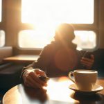 Personne consultant des offres d'emploi en intérim sur son smartphone dans un café