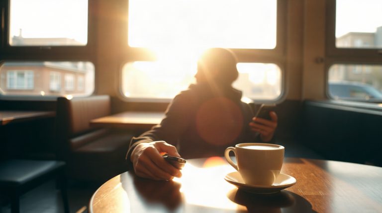 Personne consultant des offres d'emploi en intérim sur son smartphone dans un café